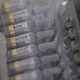Ampoules containing diluent solutions for the vaccine against yellow fever are seen in a box during a vaccination service in a field hospital in Casimiro de Abreu, Brazil, on March 17, 2017. (Leo Correa/AP Images)